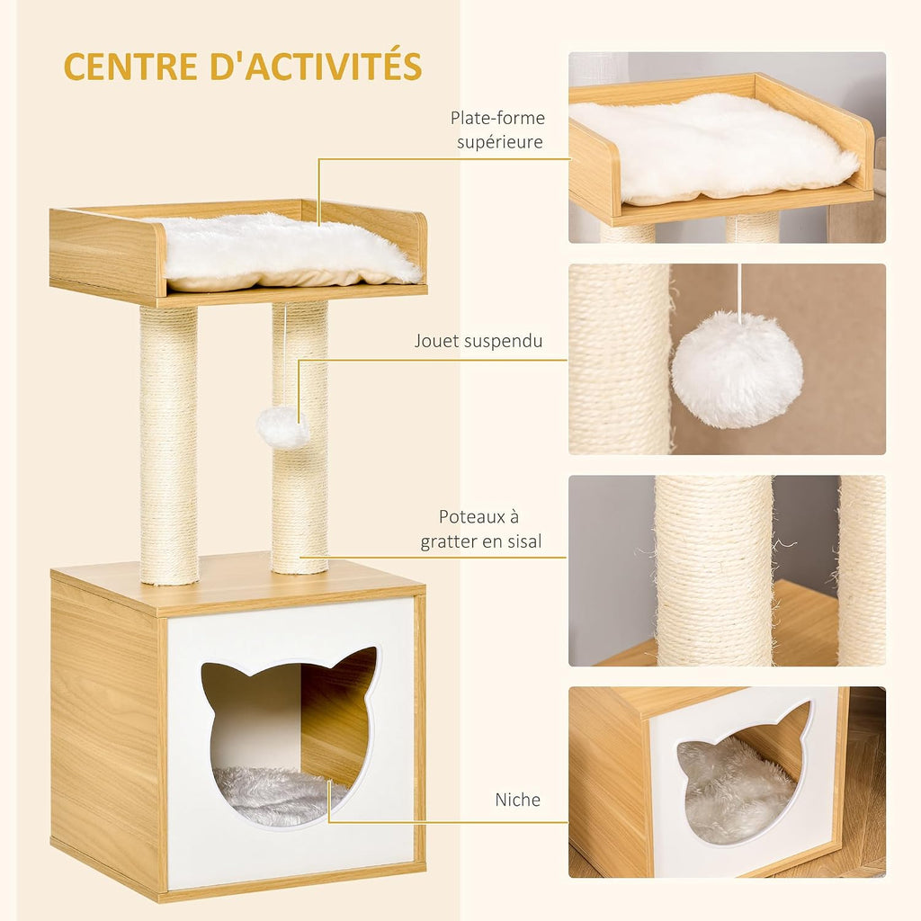 Détails de l'arbre à chat Glycine : plateforme, pompon, poteaux en sisal, niche — photo du fabricant