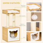 Détails de l'arbre à chat Glycine : plateforme, pompon, poteaux en sisal, niche — photo du fabricant