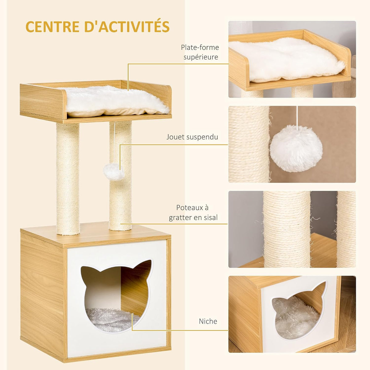 Détails de l'arbre à chat Glycine : plateforme, pompon, poteaux en sisal, niche — photo du fabricant