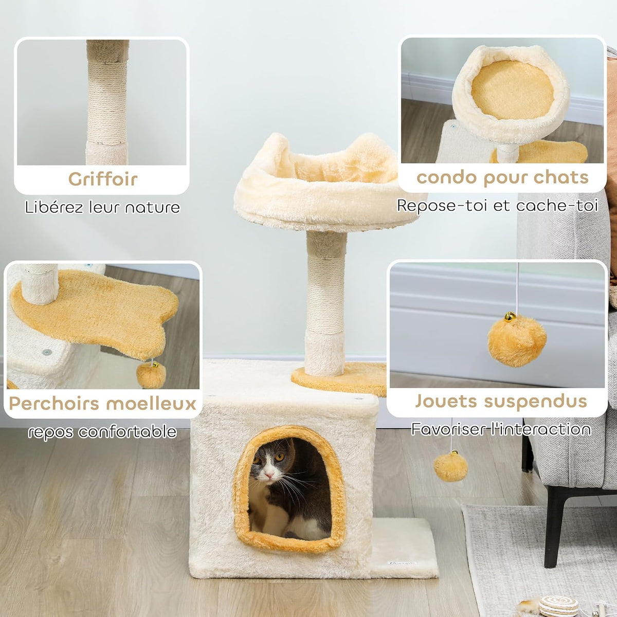 Détails de l'arbre à chat Mimosa : griffoir, niche, perchoirs, jouets suspendus — photo du fabricant