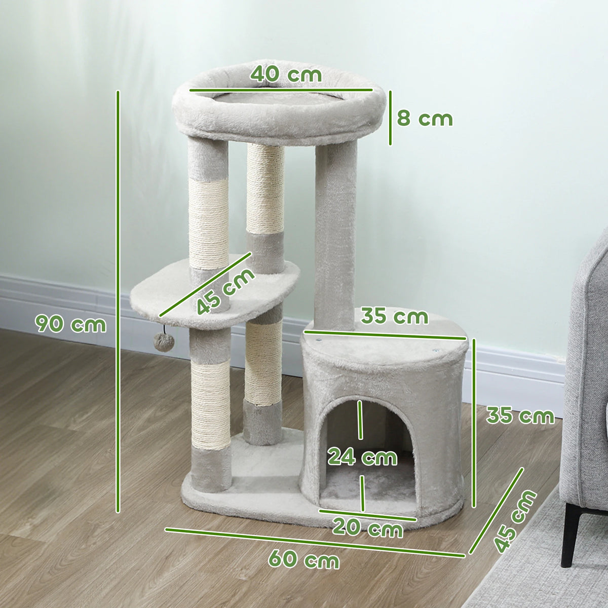 Schéma de cotes de l'arbre à chat Saule : 90 cm, 60 × 45 cm, lit 40 cm, niche 35 cm — fabricant