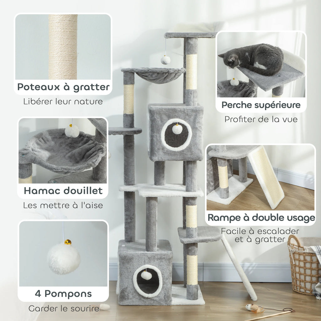 Poteaux à gratter, perche supérieure, hamac, rampe et 4 pompons — visuel du fabricant