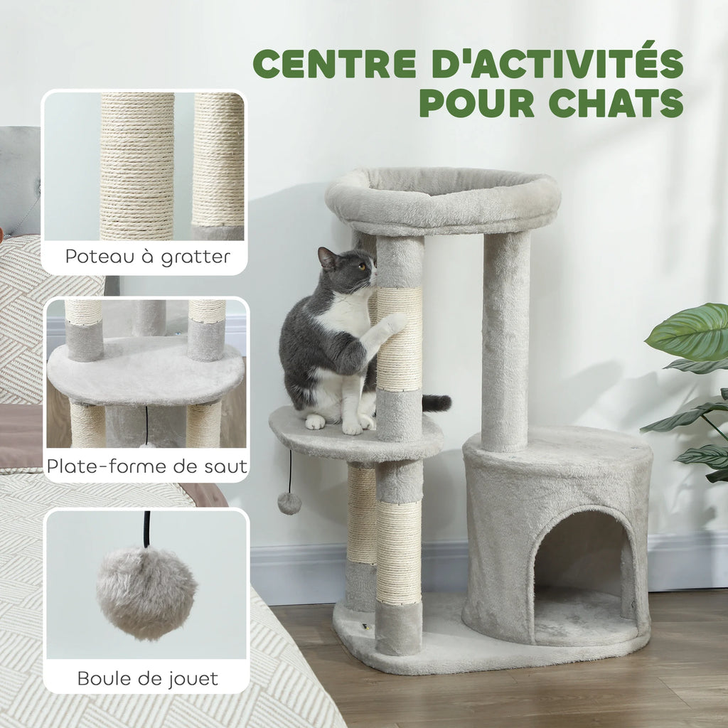 Centre d'activités de l'arbre à chat Saule : poteau à gratter, plateforme de saut, boule de jouet — photo du fabricant