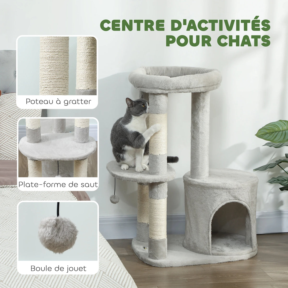 Centre d'activités de l'arbre à chat Saule : poteau à gratter, plateforme de saut, boule de jouet — photo du fabricant