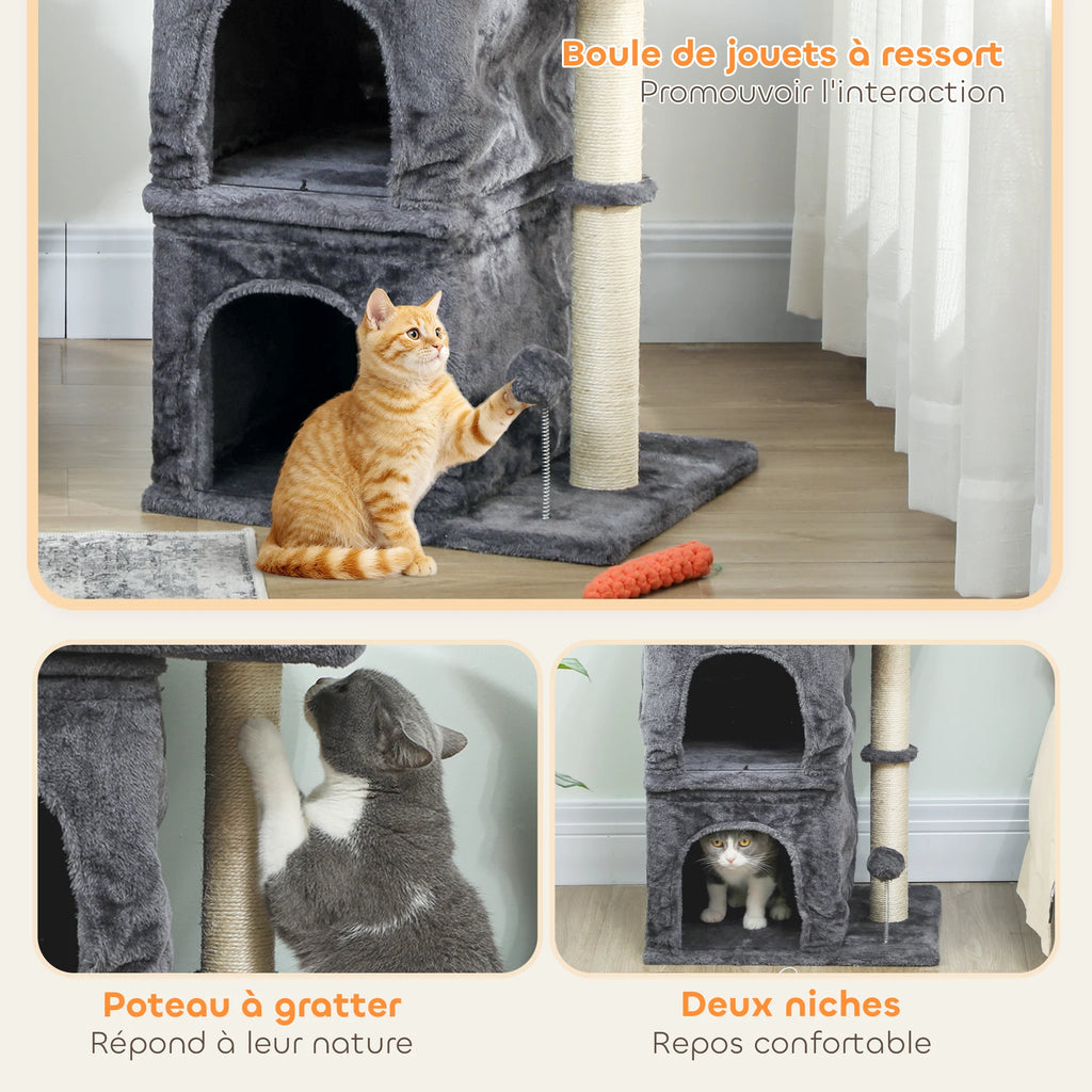 Poteau à gratter, boule à ressort et deux niches de l'arbre à chat Peuplier — photo du fabricant
