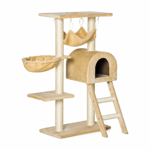 Arbre à chat Érable 98 cm, beige, niche, hamac, panier et échelle — photo produit sur fond blanc