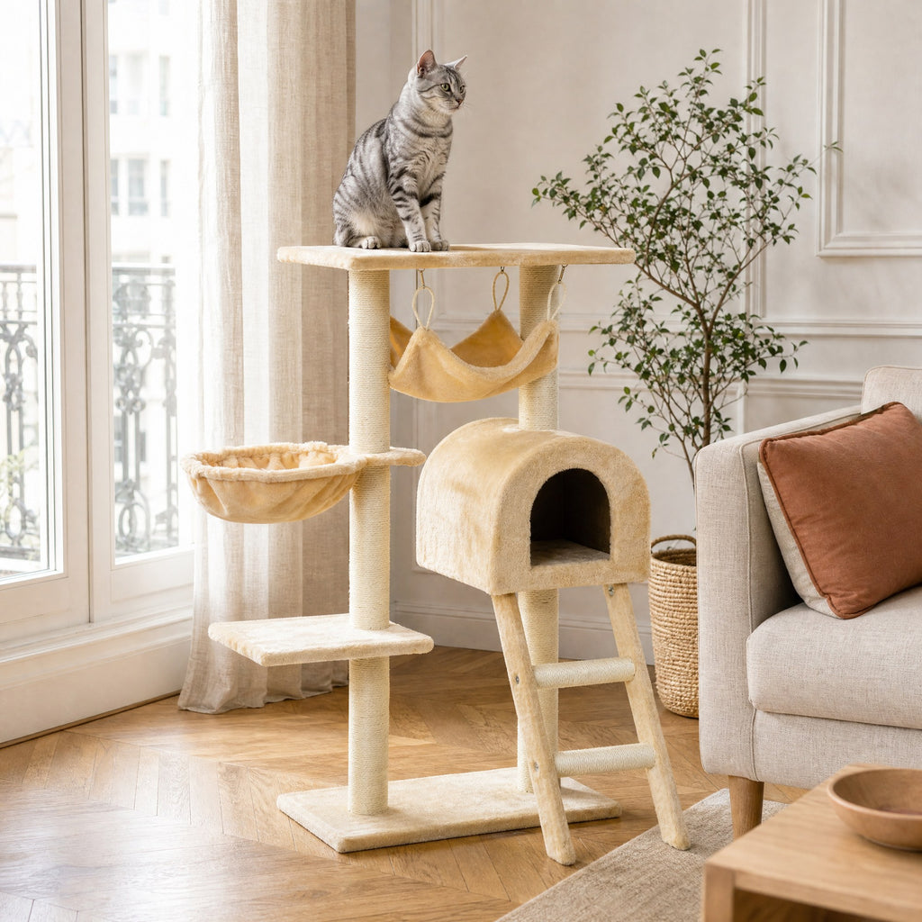 L'arbre à chat Érable à côté d'un canapé, pour juger sa taille réelle — mise en situation