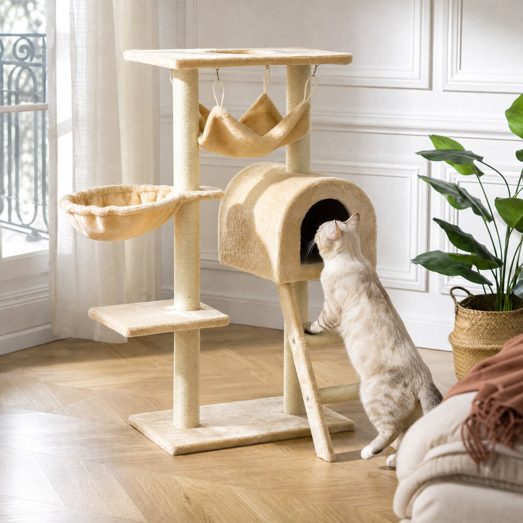 Chat en action sur l'arbre à chat Érable — mise en situation