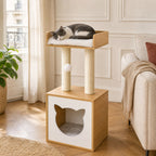 Chat installé sur l'arbre à chat Glycine dans un salon — mise en situation