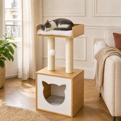 Chat installé sur l'arbre à chat Glycine dans un salon — mise en situation