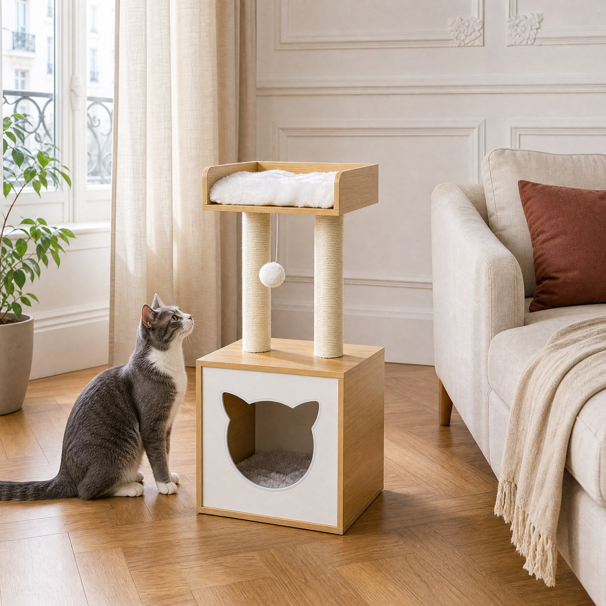 L'arbre à chat Glycine à côté d'un canapé, pour juger sa taille réelle — mise en situation