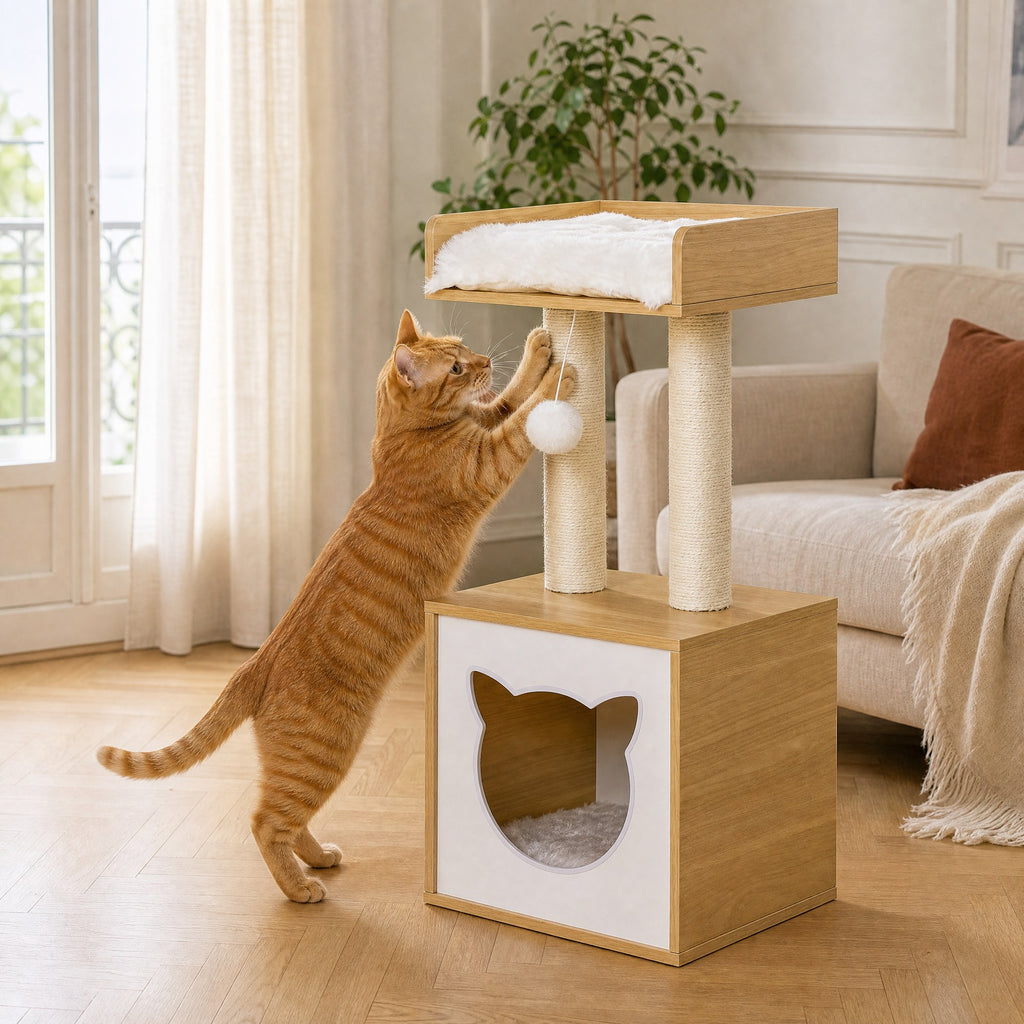 Chat en action sur l'arbre à chat Glycine — mise en situation