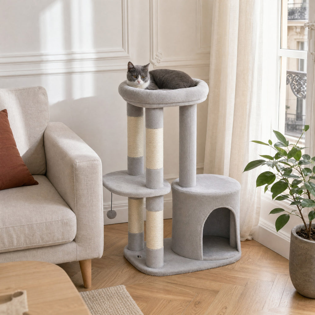 L'arbre à chat Saule à côté d'un canapé, pour juger sa taille réelle — mise en situation