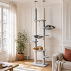 Deux chats installés sur l'arbre à chat sol-plafond Bouleau dans un salon — mise en situation
