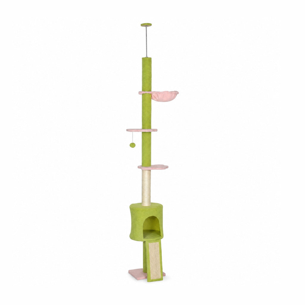 Arbre à chat sol-plafond Fleur, 220 à 240 cm, vert et rose, niche, hamac et rampe — photo produit sur fond blanc