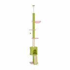 Arbre à chat sol-plafond Fleur, 220 à 240 cm, vert et rose, niche, hamac et rampe — photo produit sur fond blanc