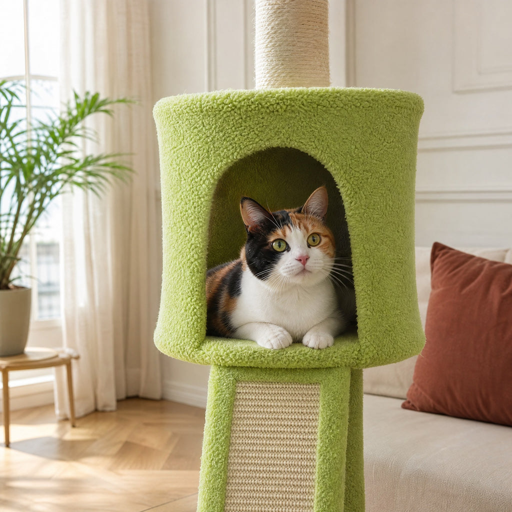 Gros plan sur les matières de l'arbre à chat sol-plafond Fleur — mise en situation