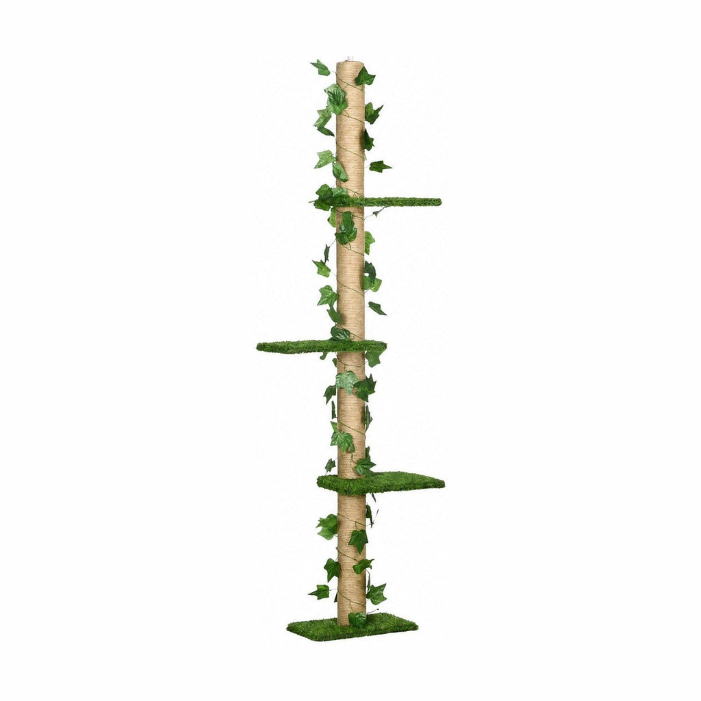 Arbre à chat sol-plafond Lierre, 202 à 242 cm, poteau en jute habillé de lierre artificiel, plateformes gazon — photo produit sur fond blanc