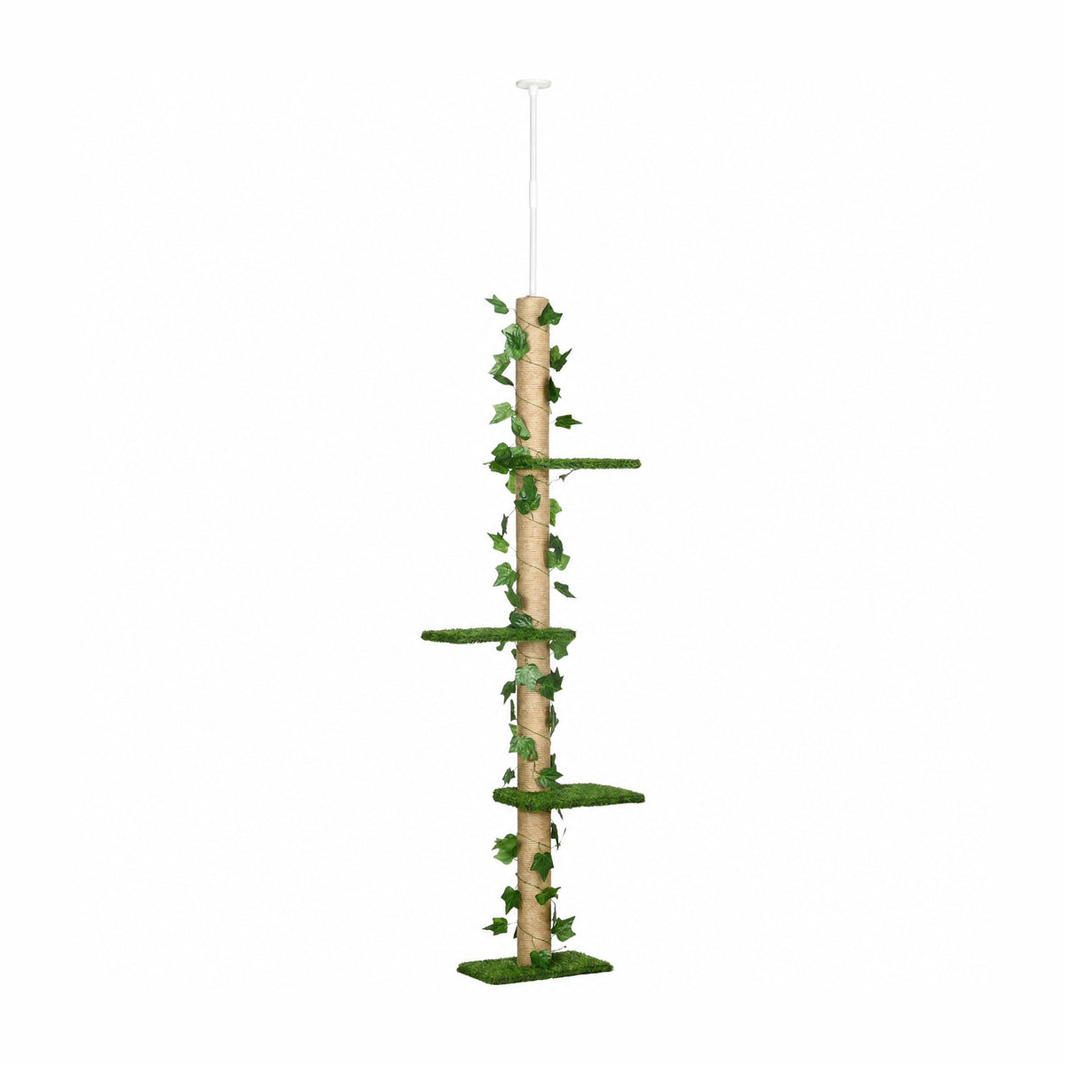 Arbre à chat sol-plafond Lierre, 202 à 242 cm, poteau en jute habillé de lierre artificiel, plateformes gazon — photo produit sur fond blanc