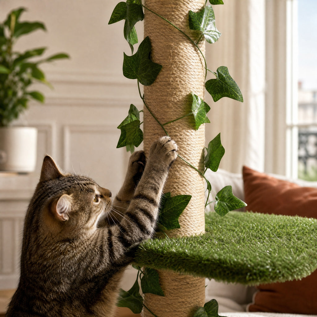Gros plan sur les matières de l'arbre à chat sol-plafond Lierre — mise en situation