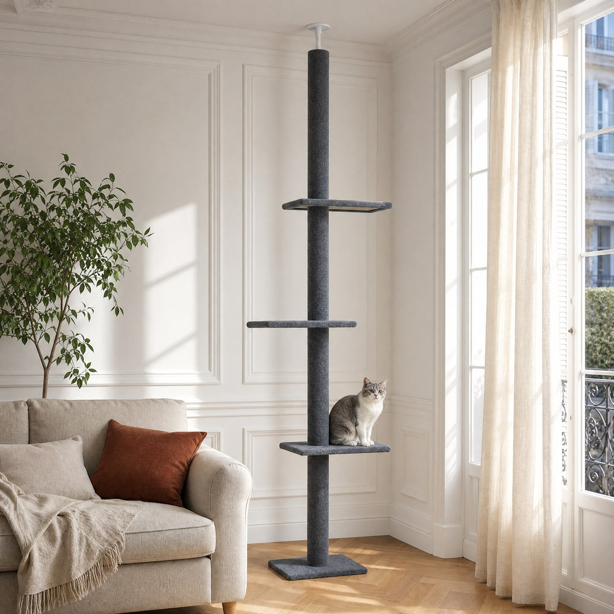 L'arbre à chat sol-plafond Nimbus tenu entre le sol et le plafond par sa tige de tension, sans percer le plafond — mise en situation