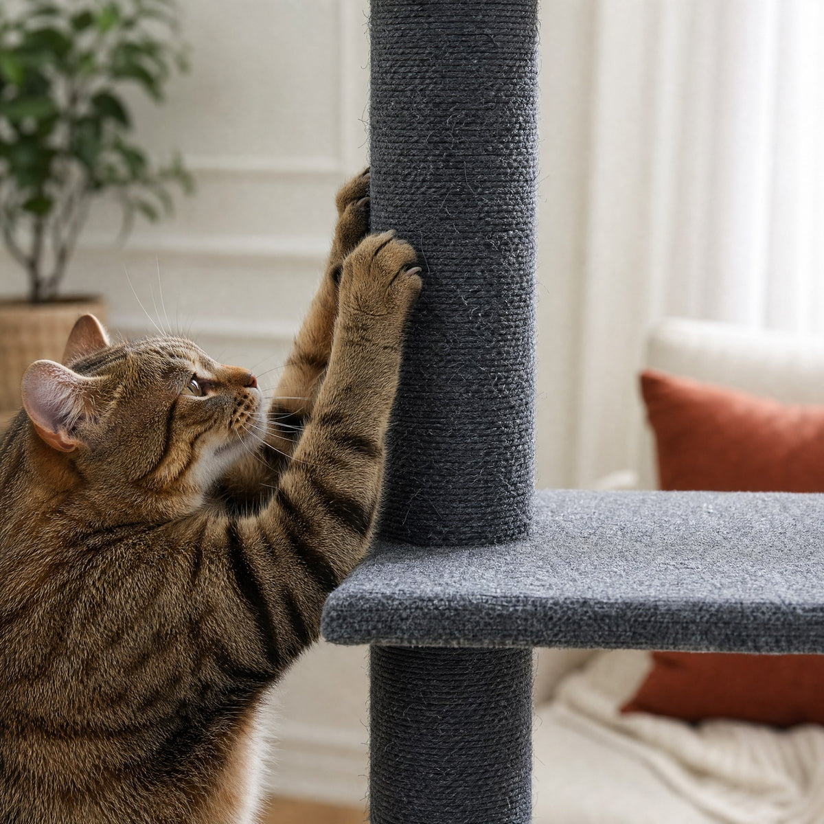 Gros plan sur les matières de l'arbre à chat sol-plafond Nimbus — mise en situation
