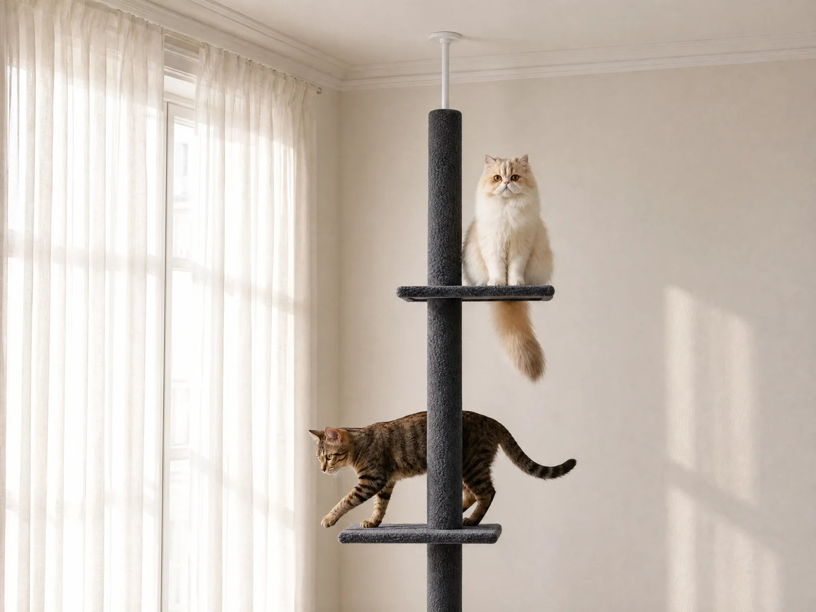 Haut de l'arbre à chat Nimbus : tige de tension blanche appuyée au plafond, deux chats sur les plateformes — mise en situation