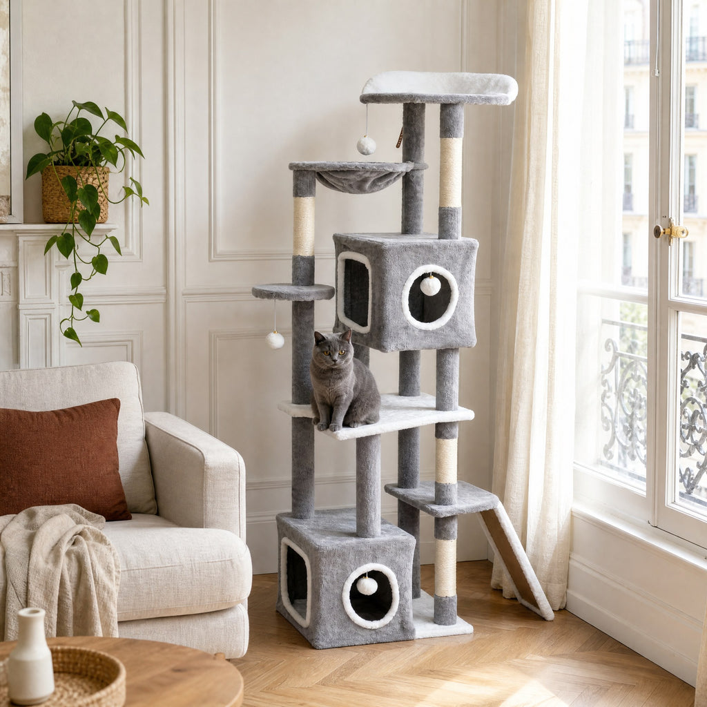 L'arbre à chat Tilleul à côté d'un canapé, pour juger sa taille réelle — mise en situation