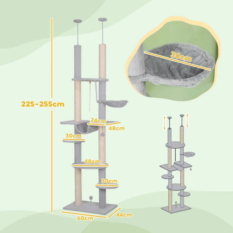 Schéma de cotes de l'arbre à chat Bouleau : 225 à 255 cm, base 60 × 44 cm, plateformes 30, 48 et 24 cm — fabricant
