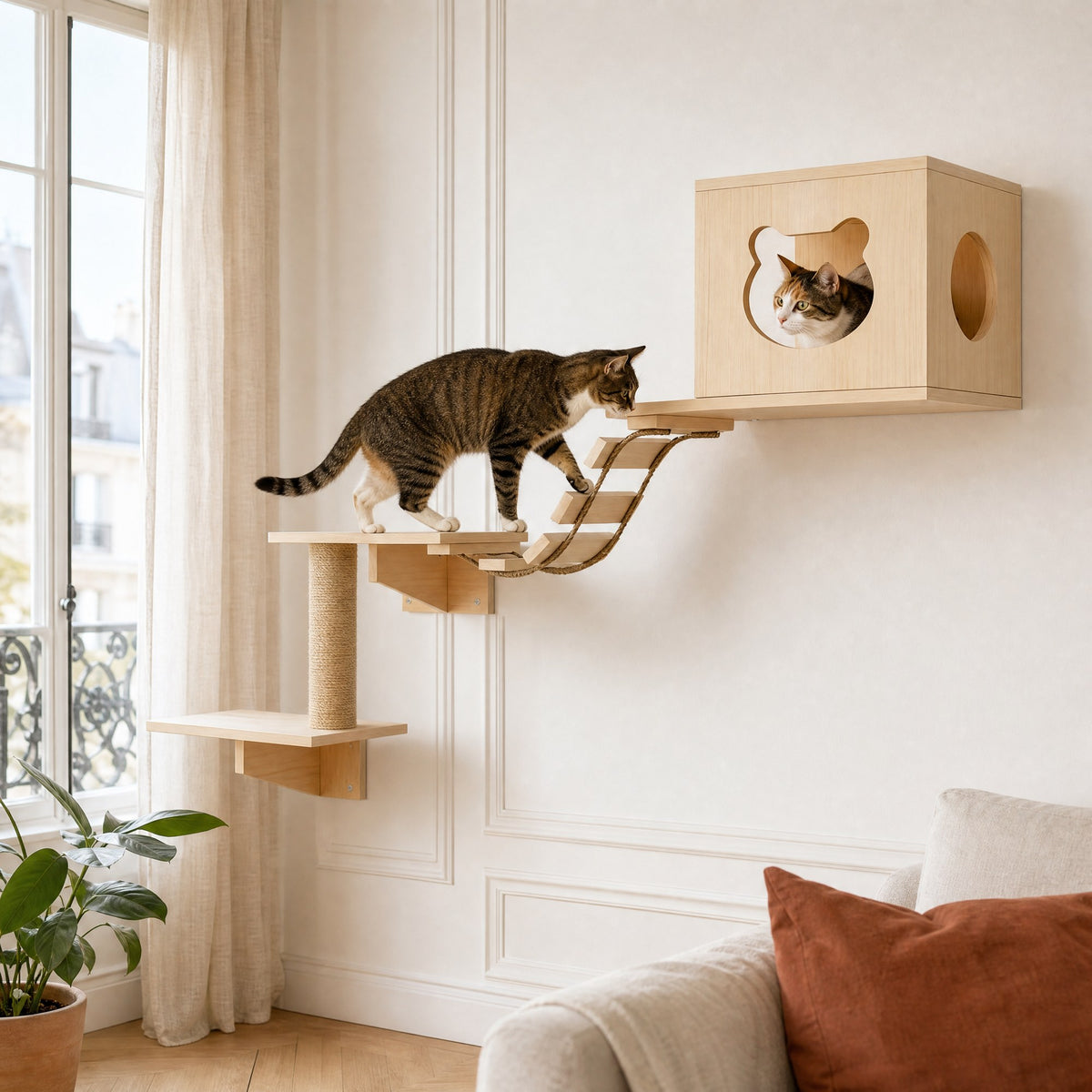 Chat en action sur l'ensemble mural Canopée — mise en situation