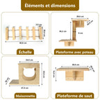 Cotes des 4 éléments : échelle 58,6 × 20,4 cm, plateforme à poteau, maisonnette, plateforme de saut — visuel du fournisseur