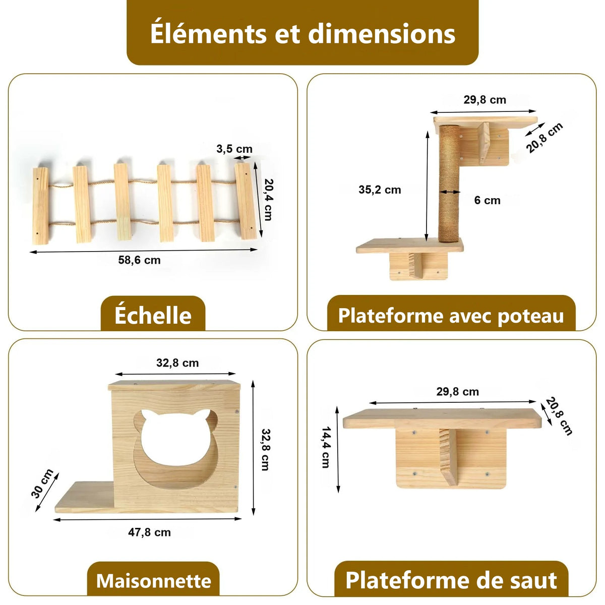 Cotes des 4 éléments : échelle 58,6 × 20,4 cm, plateforme à poteau, maisonnette, plateforme de saut — visuel du fournisseur