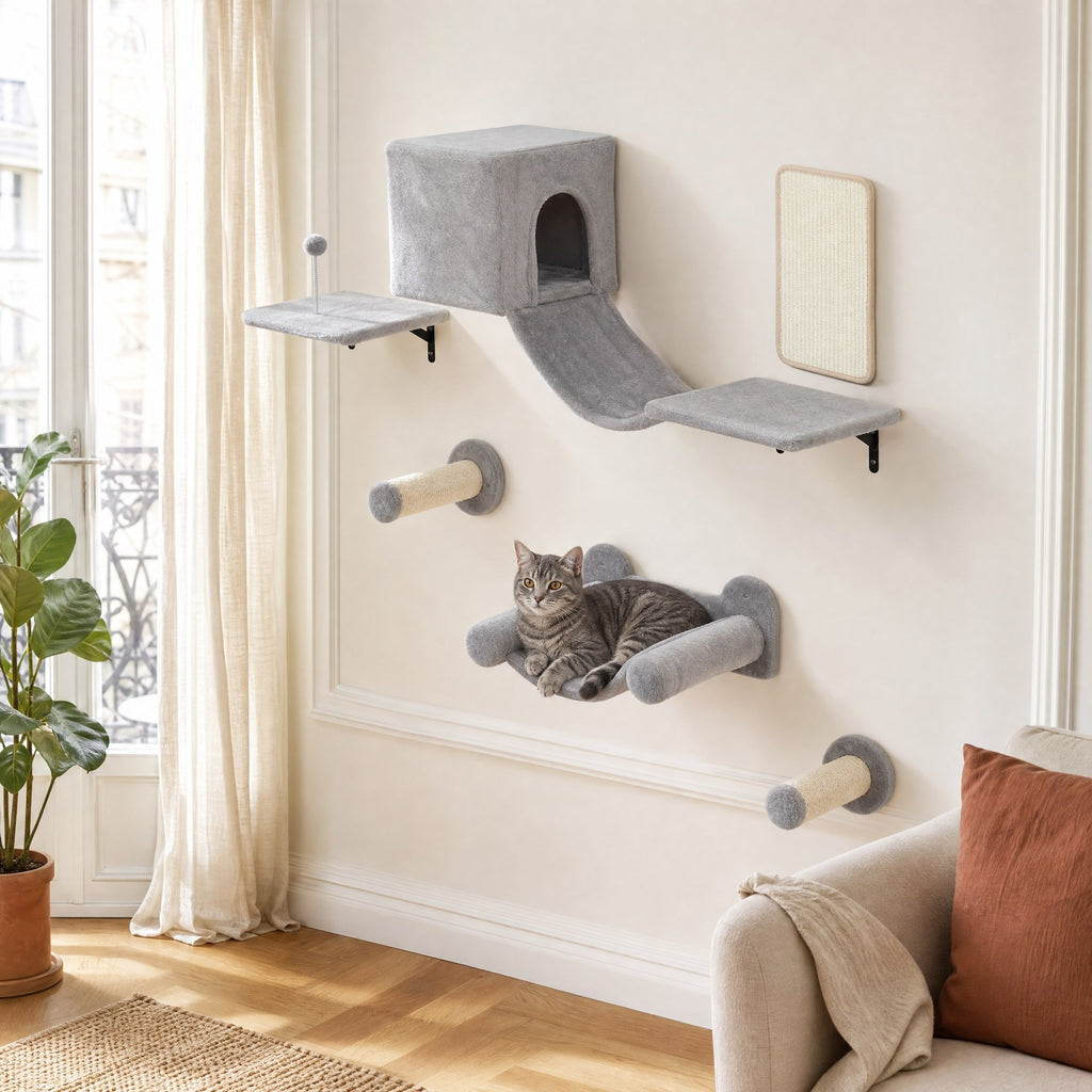 Chat installé sur l'ensemble mural Ramure dans un salon — mise en situation