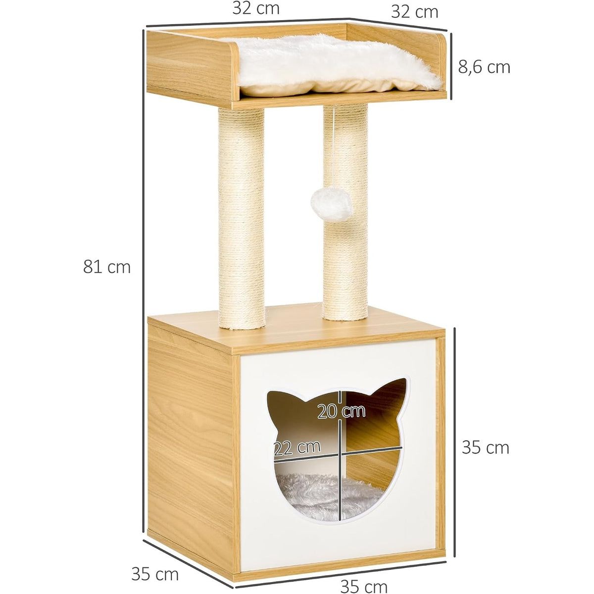 Schéma de cotes de l'arbre à chat Glycine : 81 cm, 35 × 35 cm, plateforme 32 × 32 cm — fabricant