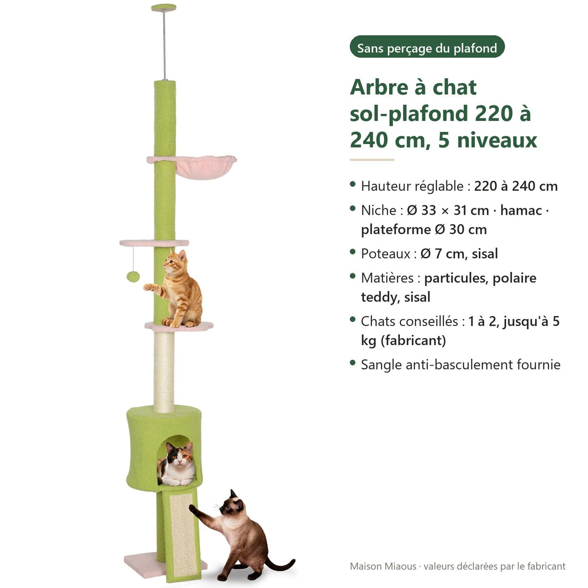 Arbre à chat Fleur — Arbre à chat sol-plafond 220 à 240 cm, 5 niveaux