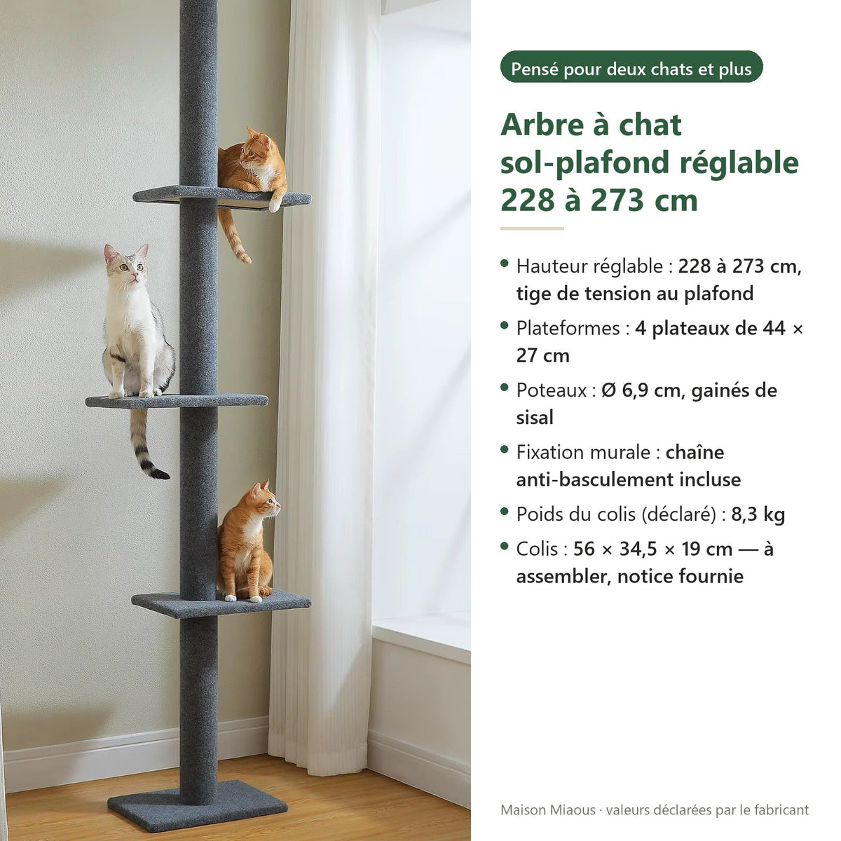 Arbre à chat Nimbus — Arbre à chat sol-plafond réglable 228 à 273 cm