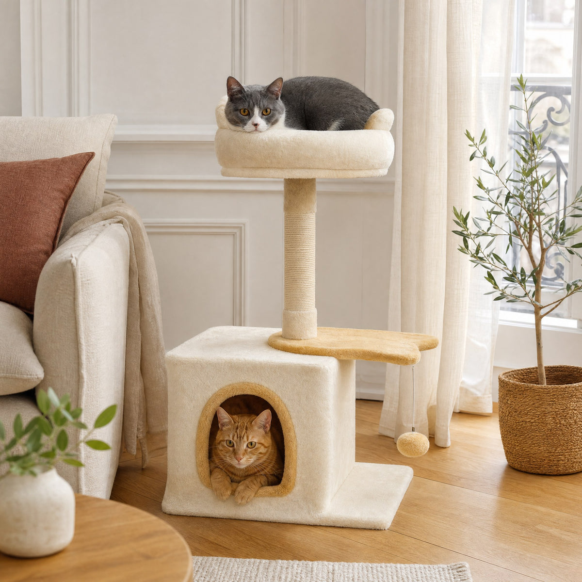 Deux chats installés sur le petit arbre à chat Mimosa dans un salon — mise en situation