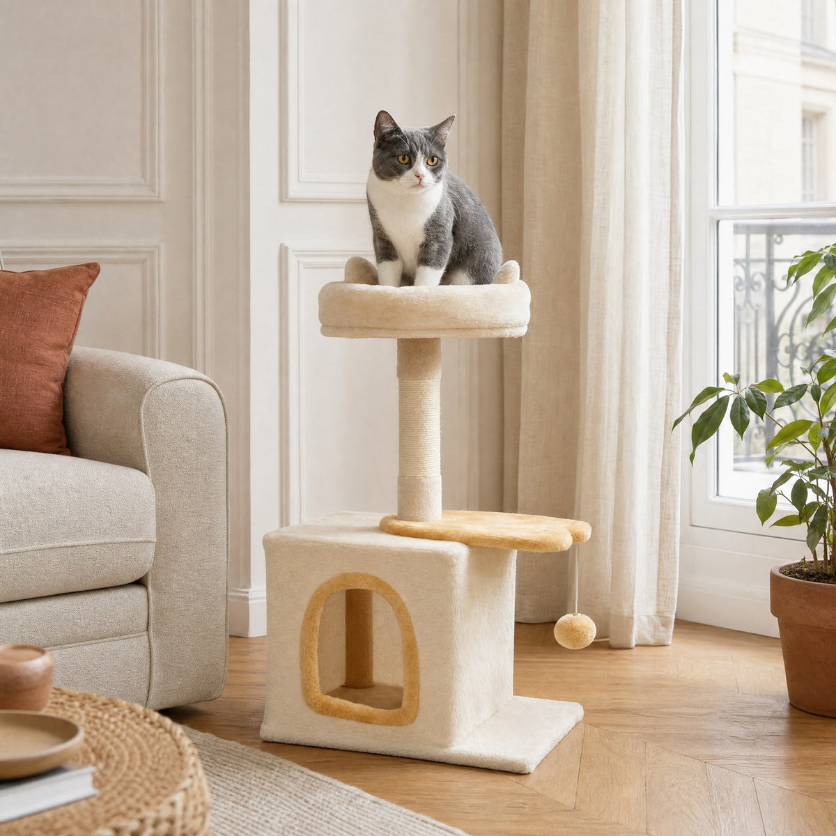 Le petit arbre à chat Mimosa à côté d'un canapé, pour juger sa taille réelle — mise en situation