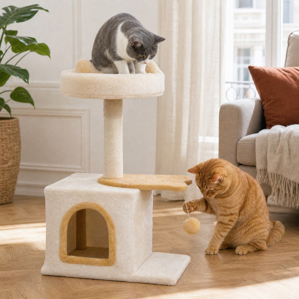 Chat en action sur le petit arbre à chat Mimosa — mise en situation