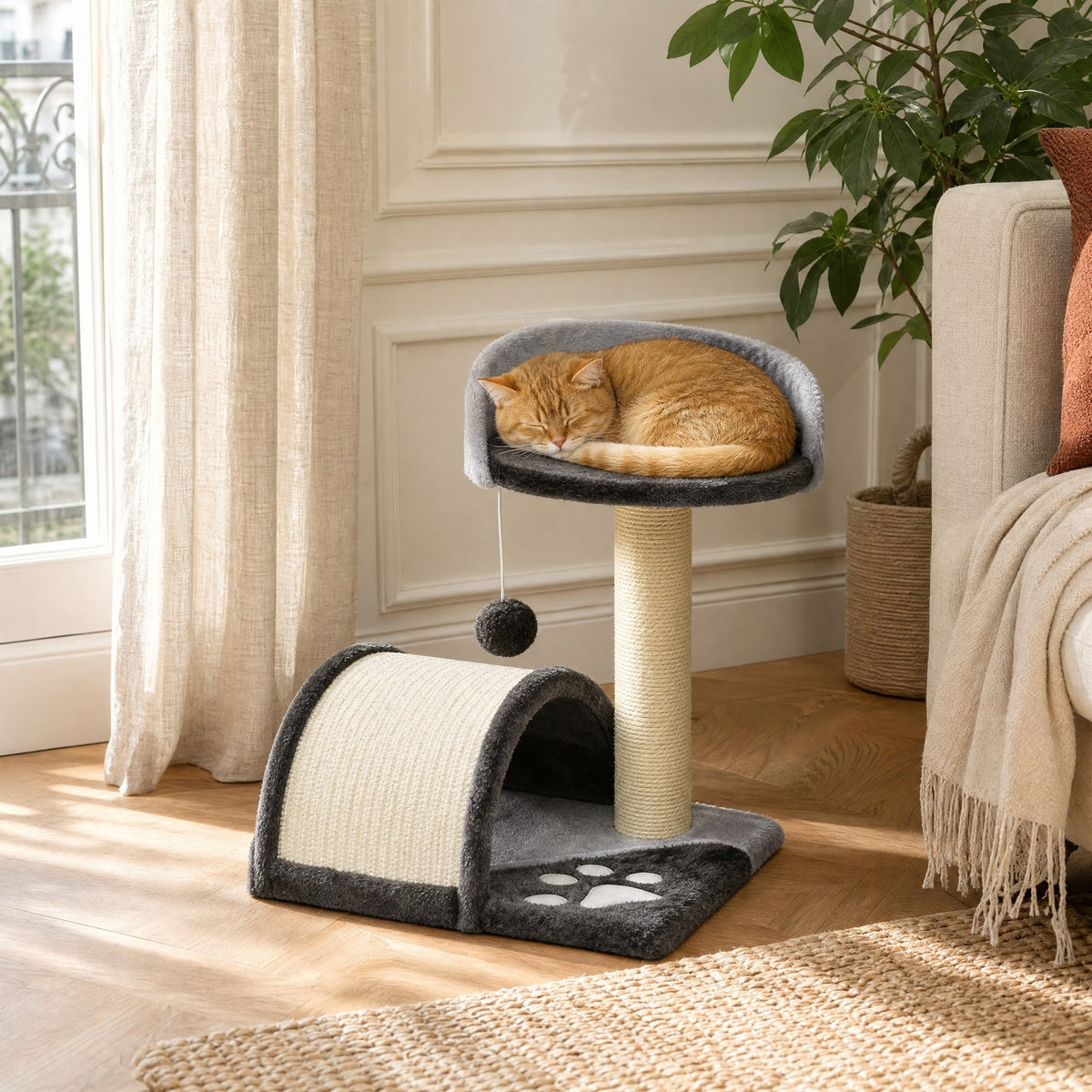 Chat installé sur le petit arbre à chat Noisette dans un salon — mise en situation