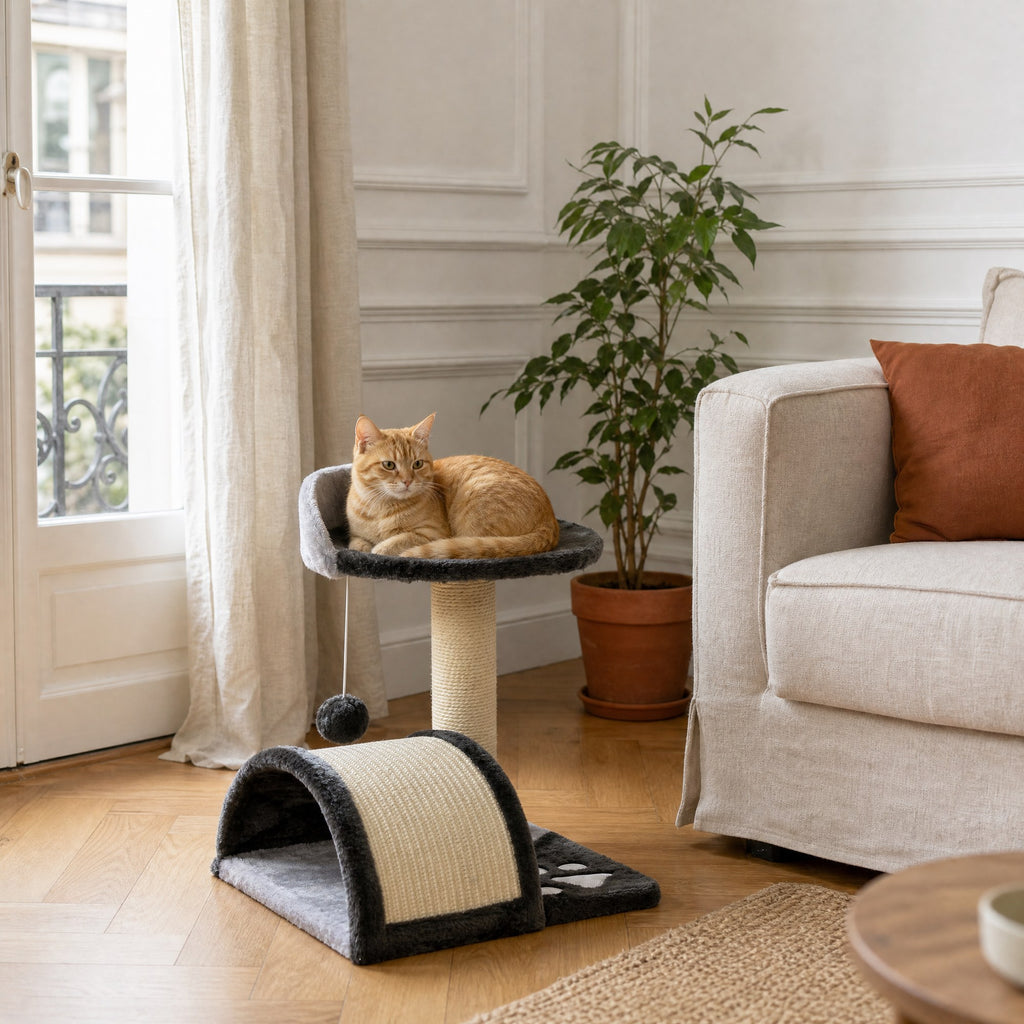 Le petit arbre à chat Noisette à côté d'un canapé, pour juger sa taille réelle — mise en situation
