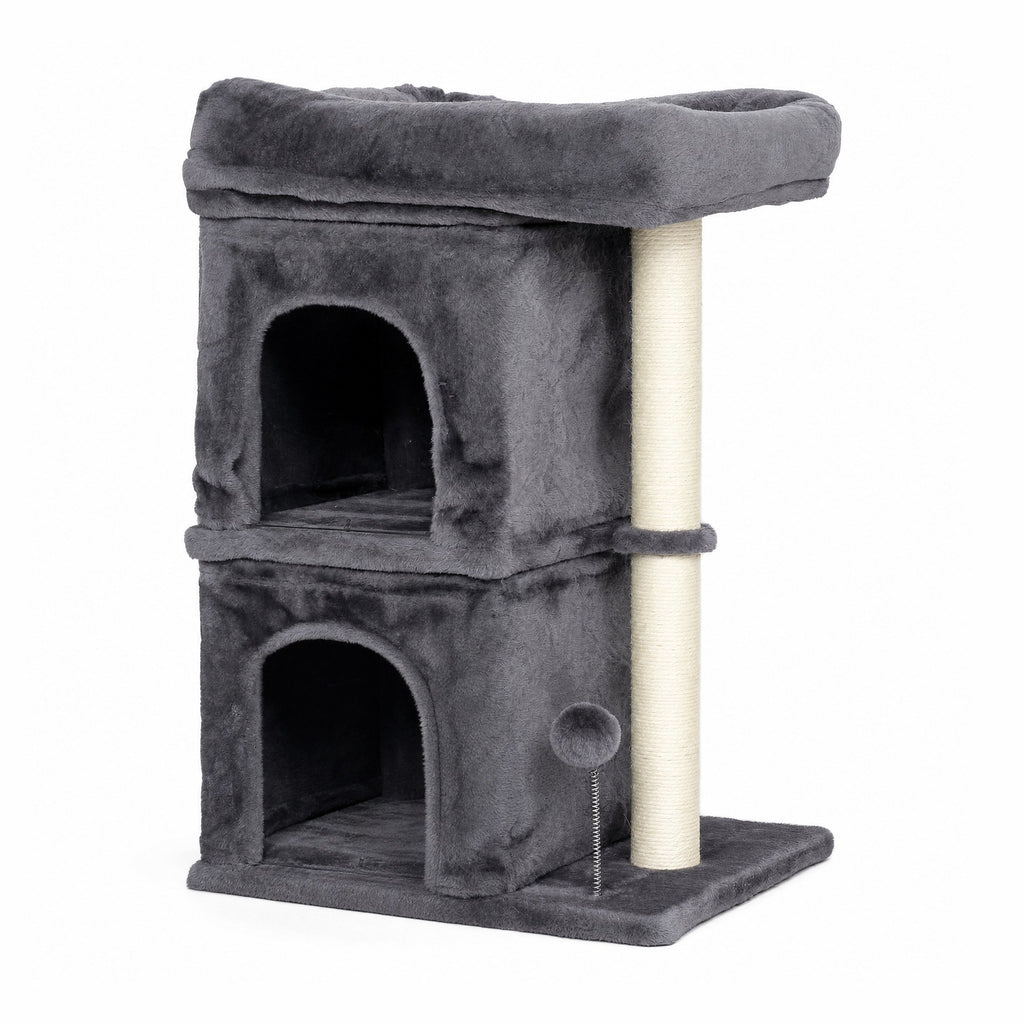 Petit arbre à chat Peuplier 66 cm, gris foncé, 2 niches superposées et grand perchoir — photo produit sur fond blanc